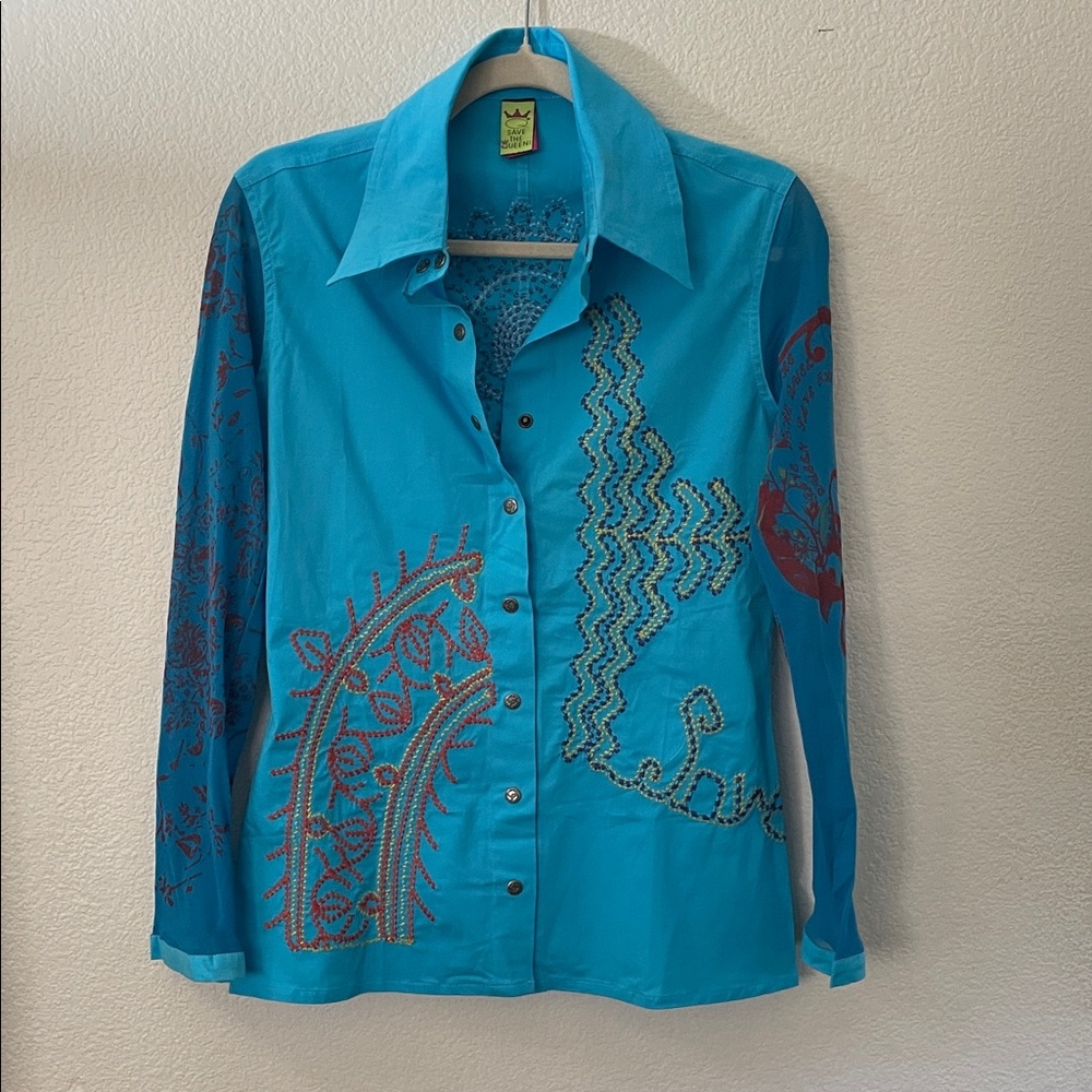 Save The Queen Turquoise Embroidered Shirt sheer sleeves L NWOT 19x25